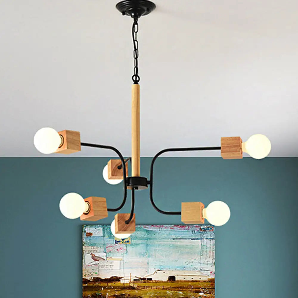 Modernist Curved Arm Pendant Chandelier: White/Black Multi-Light Wood Hanging Lamp With Chain Black