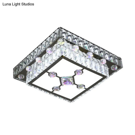 Modernist Cut Crystal Led Nickel Ceiling Lamp With Square Flush Mount For Porch