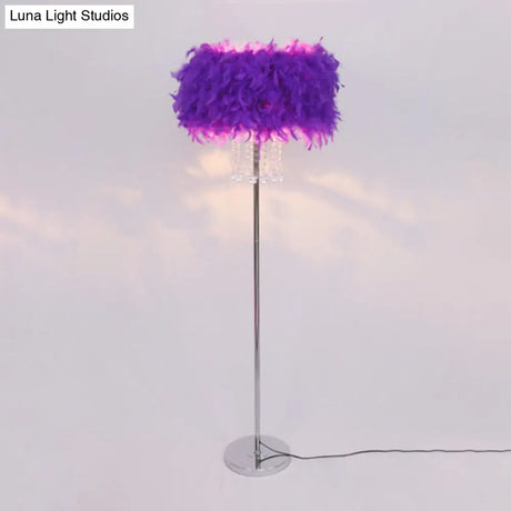 Modernist Drum Dining Room Floor Lamp In Pink/White/Purple With Crystal Draping