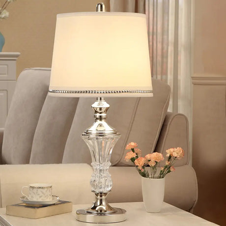 Modernist Drum Fabric Table Light - White Small Desk Lamp With Metallic Base