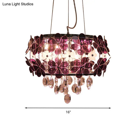 Modernist Floral Acrylic Flushmount Ceiling Light With Crystal Drop - 5 Heads White/Purple