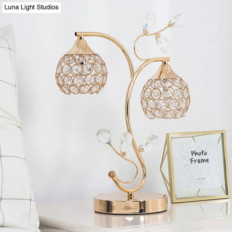 Modernist Flower Vine Table Light With Crystal-Encrusted Dome Shade - Gold
