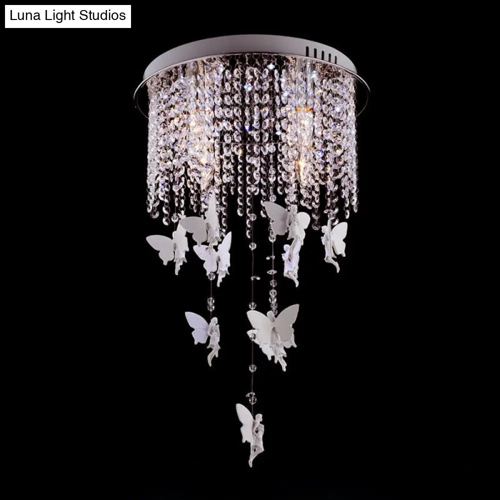 Silver Round Flush Ceiling Light - Modernist Cascading Glass Crystal Shade 5/8/10 Lights