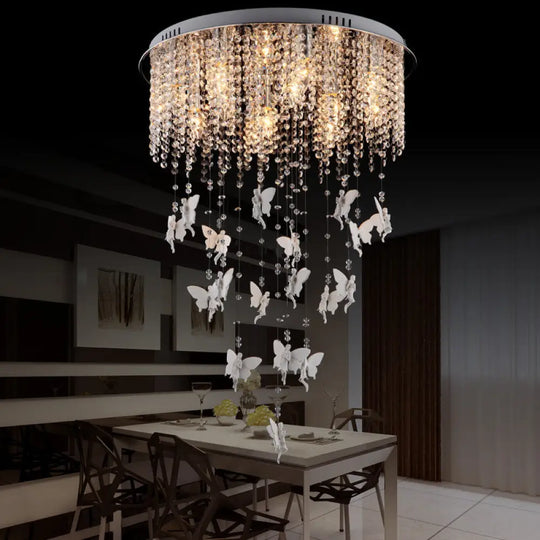 Modernist Flushmount Ceiling Light - Silver Round Cascading Glass Crystals 5/8/10 Lights