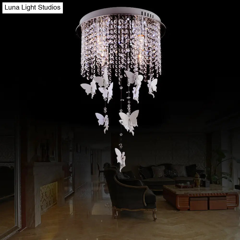 Silver Round Flush Ceiling Light - Modernist Cascading Glass Crystal Shade 5/8/10 Lights