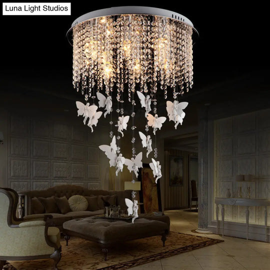 Silver Round Flush Ceiling Light - Modernist Cascading Glass Crystal Shade 5/8/10 Lights