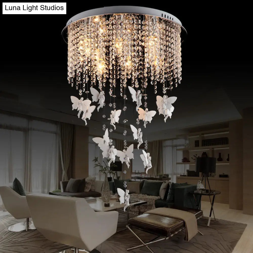 Silver Round Flush Ceiling Light - Modernist Cascading Glass Crystal Shade 5/8/10 Lights