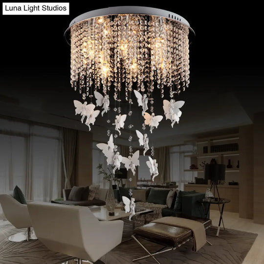 Silver Round Flush Ceiling Light - Modernist Cascading Glass Crystal Shade 5/8/10 Lights