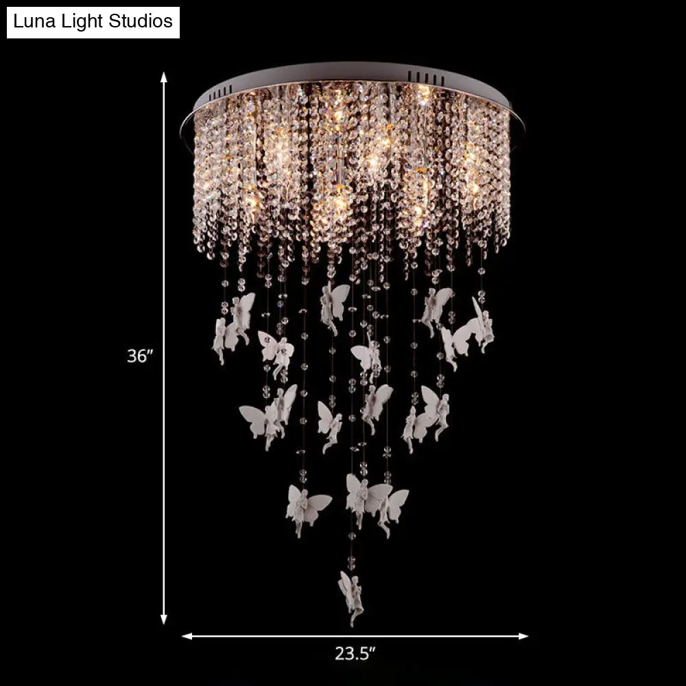 Modernist Flushmount Ceiling Light - Silver Round Cascading Glass Crystals 5/8/10 Lights
