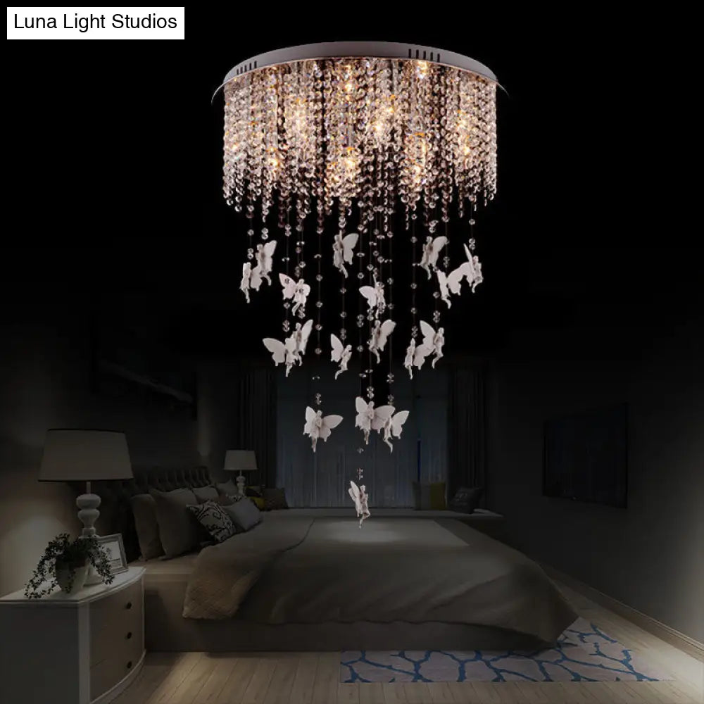 Silver Round Flush Ceiling Light - Modernist Cascading Glass Crystal Shade 5/8/10 Lights