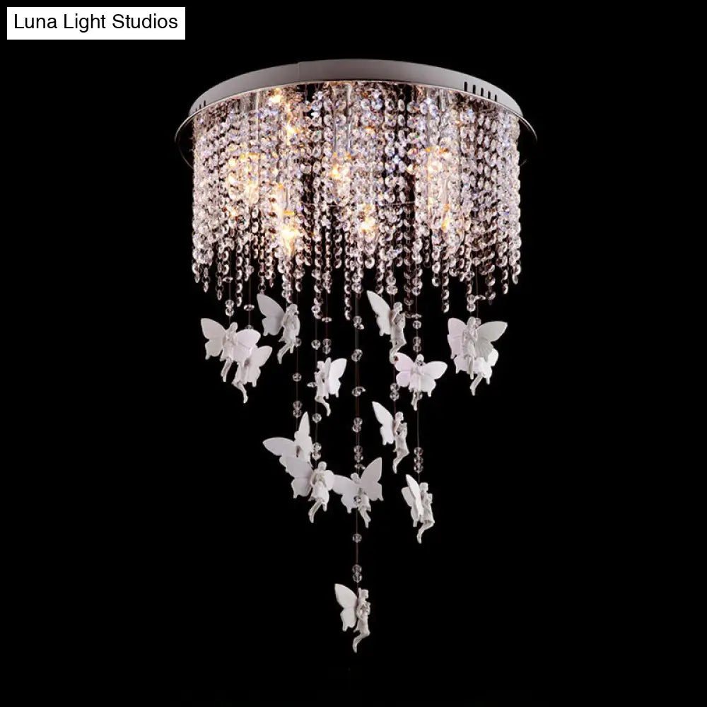 Modernist Flushmount Ceiling Light - Silver Round Cascading Glass Crystals 5/8/10 Lights