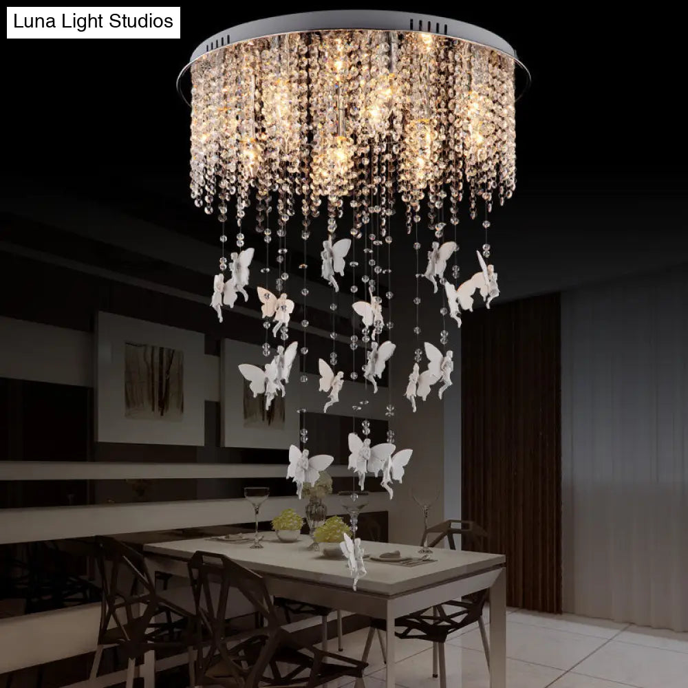 Silver Round Flush Ceiling Light - Modernist Cascading Glass Crystal Shade 5/8/10 Lights