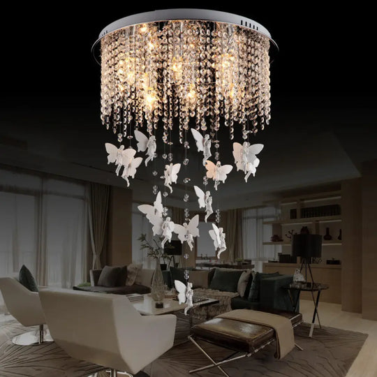 Modernist Flushmount Ceiling Light - Silver Round Cascading Glass Crystals 5/8/10 Lights