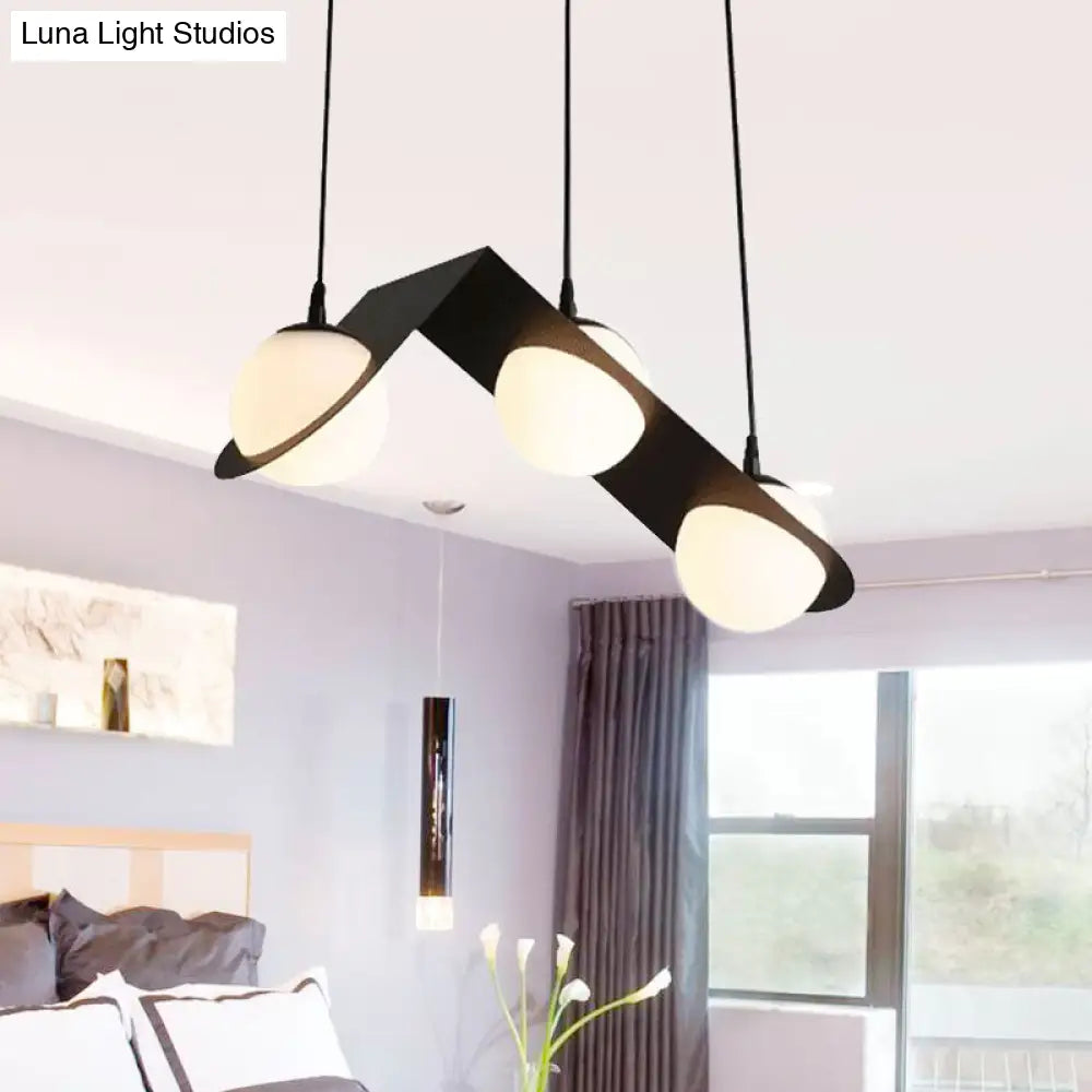 Modernist Ball White Glass Cluster Pendant Light - Straight/Curved Design 2/3 Lights Black Led