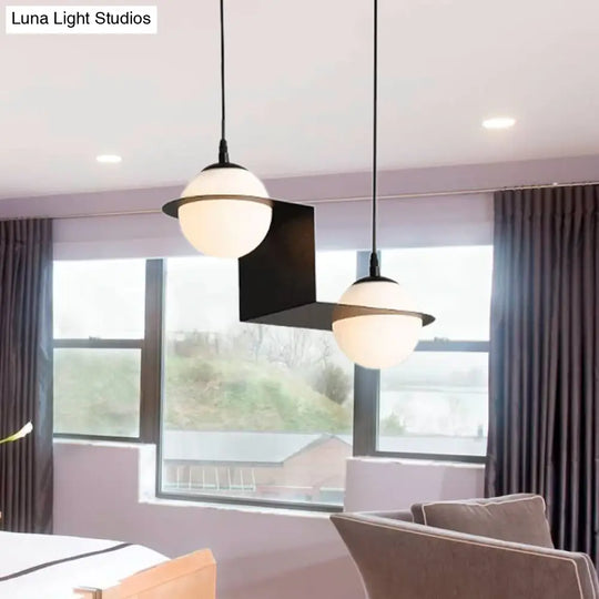Modernist Glass Cluster Pendant Light With 2/3 White Ball Shades And Black Led Hanging