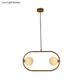 Modernist Gold Ball Chandelier Light With Milk Glass Shades - 2 Heads Pendant Fixture