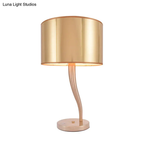 Modernist Gold Drum Nightstand Lamp - 1-Light Fabric Table Light For Living Room