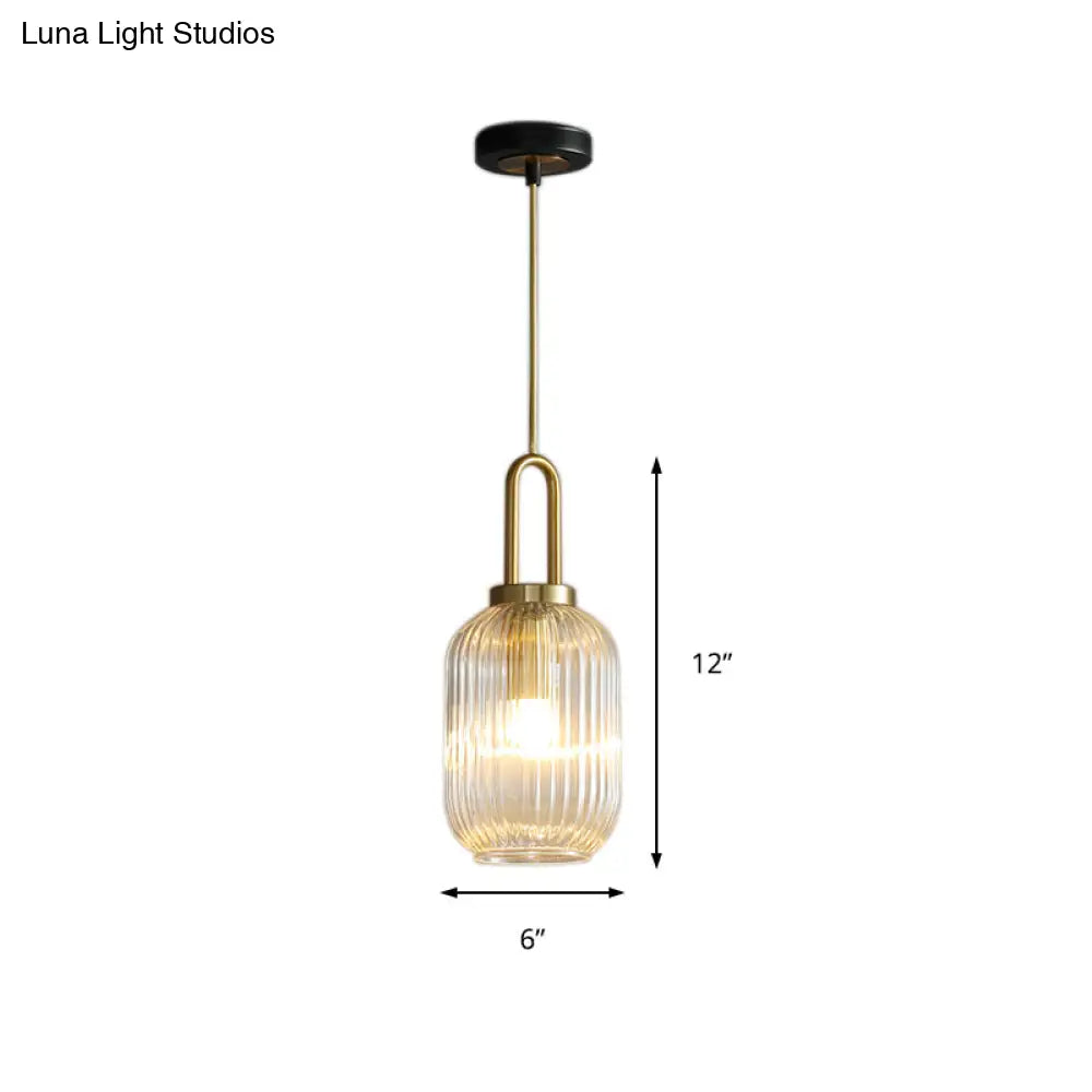 Modernist Clear Ribbed Glass Pendant Hanging Lamp Fixture - 1 Light Gold 6/8/12 Wide For Kitchen