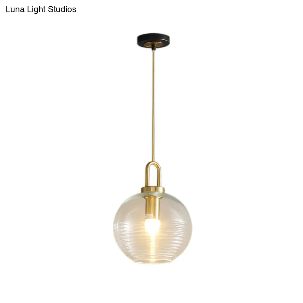 Modernist Clear Ribbed Glass Pendant Hanging Lamp Fixture - 1 Light Gold 6/8/12 Wide For Kitchen