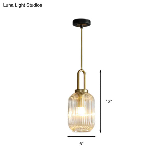 Modernist Gold Glass Pendant Light - Clear Ribbed Cylindrical/Drum/Globe Design 1 6’/8’/12’