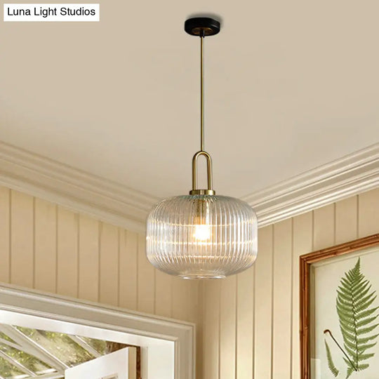 Modernist Gold Glass Pendant Light - Clear Ribbed Cylindrical/Drum/Globe Design 1 6’/8’/12’