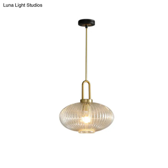 Modernist Clear Ribbed Glass Pendant Hanging Lamp Fixture - 1 Light Gold 6/8/12 Wide For Kitchen