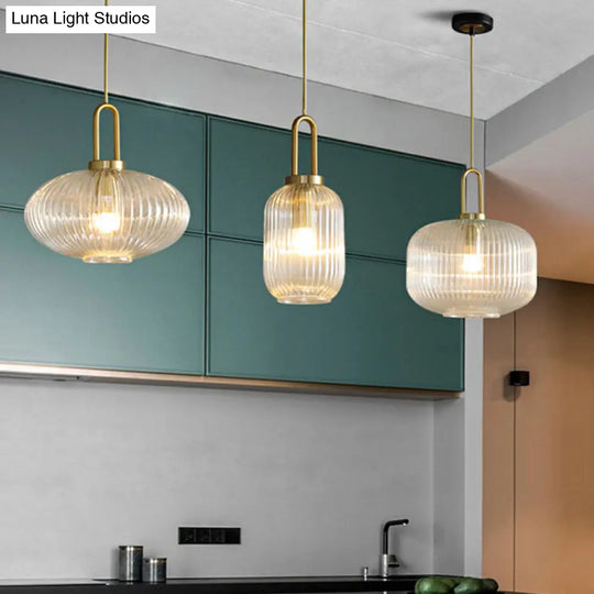 Modernist Gold Glass Pendant Light - Clear Ribbed Cylindrical/Drum/Globe Design 1 6’/8’/12’