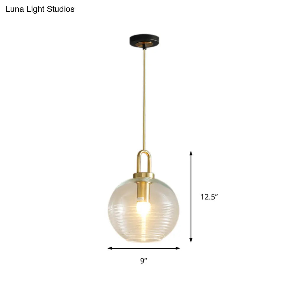 Modernist Clear Ribbed Glass Pendant Hanging Lamp Fixture - 1 Light Gold 6/8/12 Wide For Kitchen