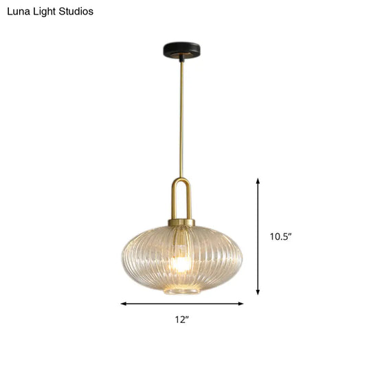 Modernist Gold Glass Pendant Light - Clear Ribbed Cylindrical/Drum/Globe Design 1 6’/8’/12’