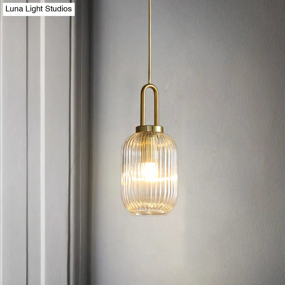 Modernist Clear Ribbed Glass Pendant Hanging Lamp Fixture - 1 Light Gold 6/8/12 Wide For Kitchen / 6