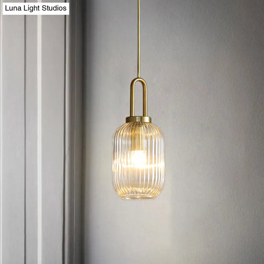 Modernist Clear Ribbed Glass Pendant Hanging Lamp Fixture - 1 Light Gold 6/8/12 Wide For Kitchen / 6