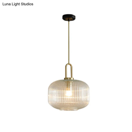 Modernist Gold Glass Pendant Light - Clear Ribbed Cylindrical/Drum/Globe Design 1 6’/8’/12’