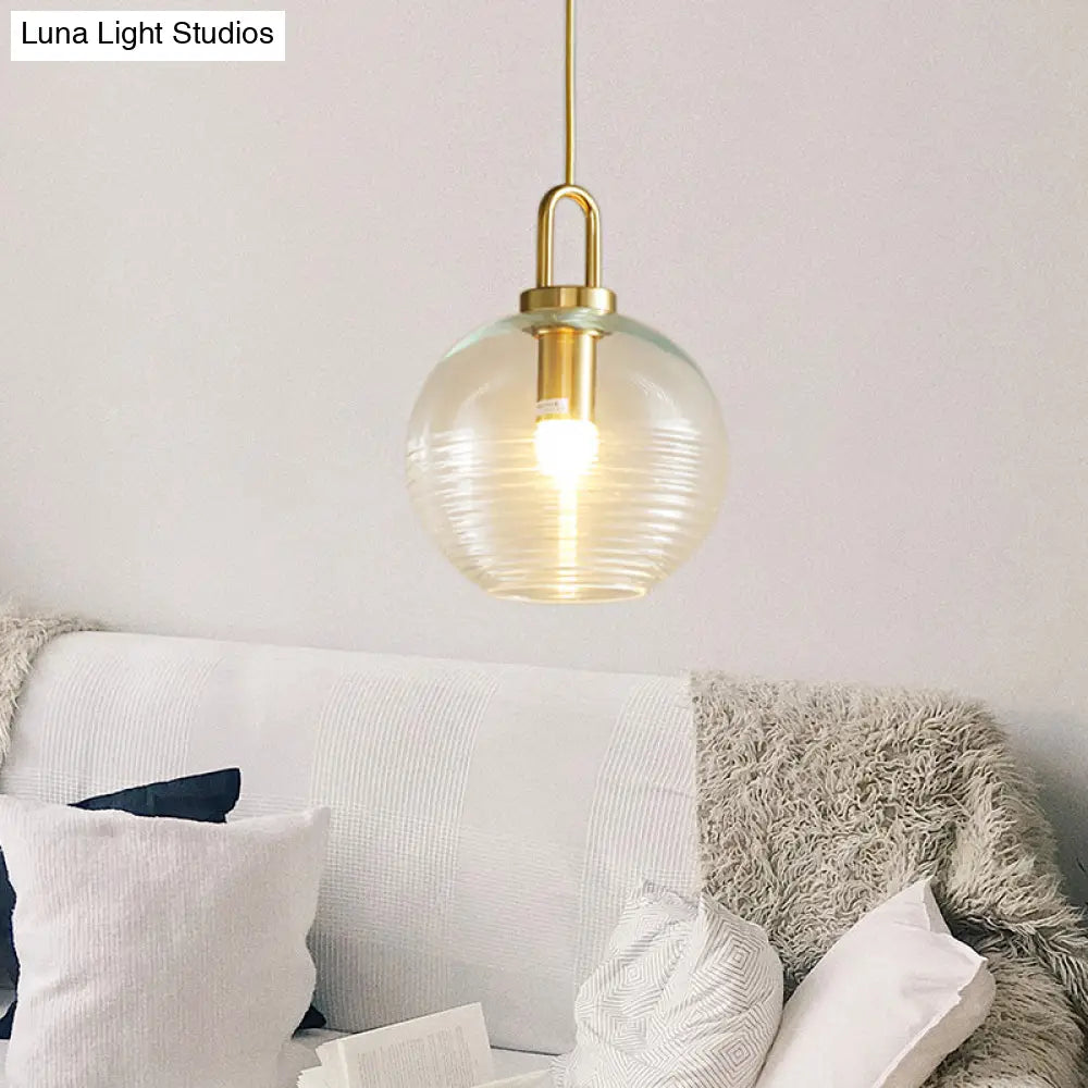 Modernist Gold Glass Pendant Light - Clear Ribbed Cylindrical/Drum/Globe Design 1 6’/8’/12’