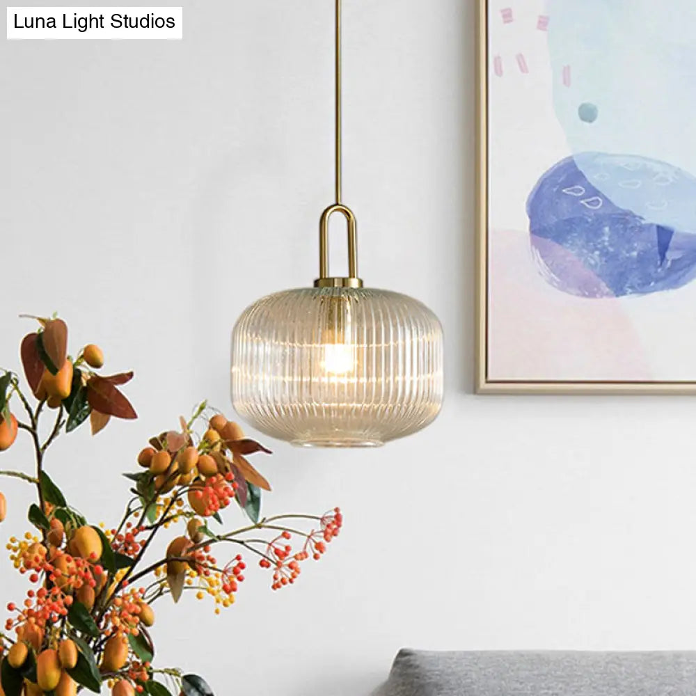 Modernist Clear Ribbed Glass Pendant Hanging Lamp Fixture - 1 Light Gold 6/8/12 Wide For Kitchen