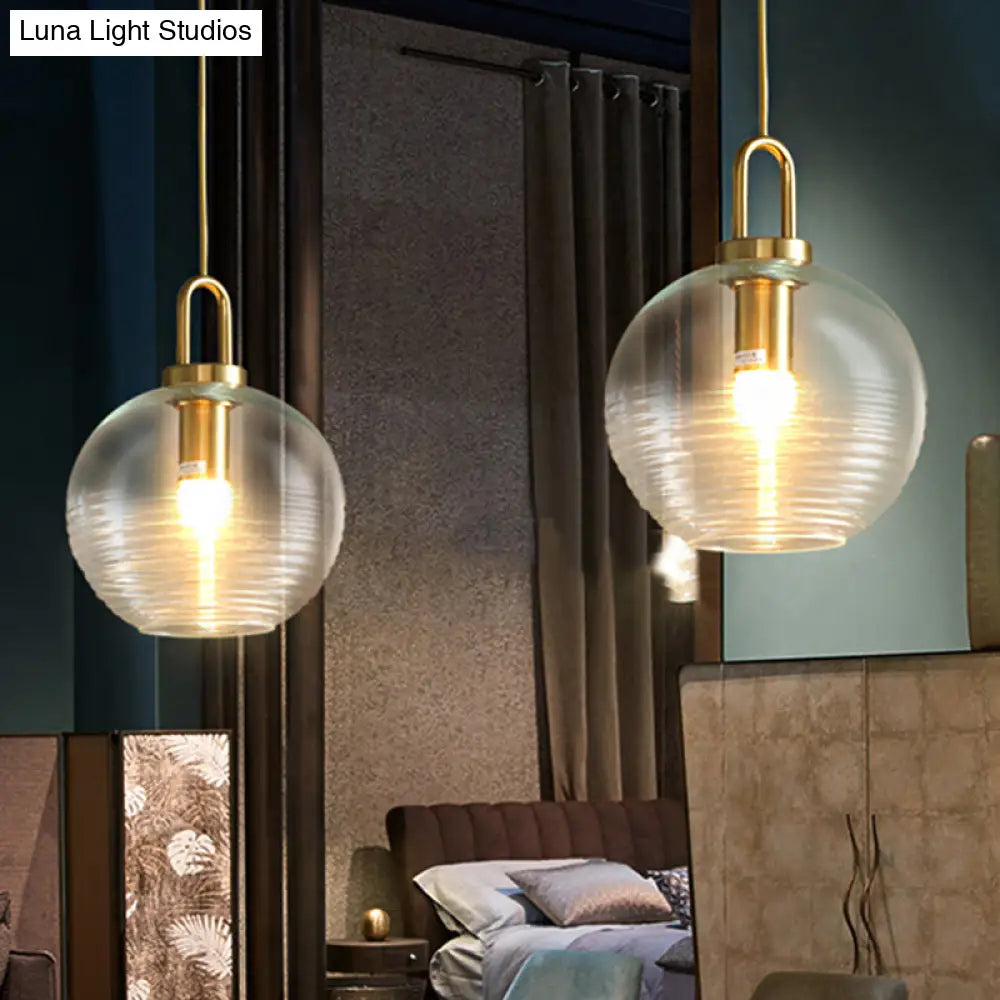 Modernist Gold Glass Pendant Light - Clear Ribbed Cylindrical/Drum/Globe Design 1 6’/8’/12’