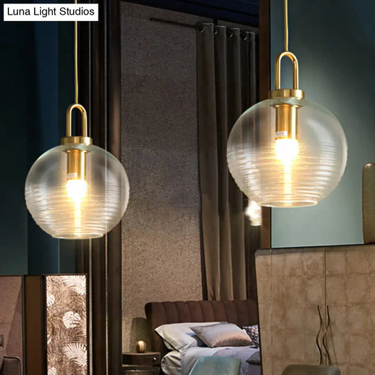 Modernist Clear Ribbed Glass Pendant Hanging Lamp Fixture - 1 Light Gold 6/8/12 Wide For Kitchen / 9