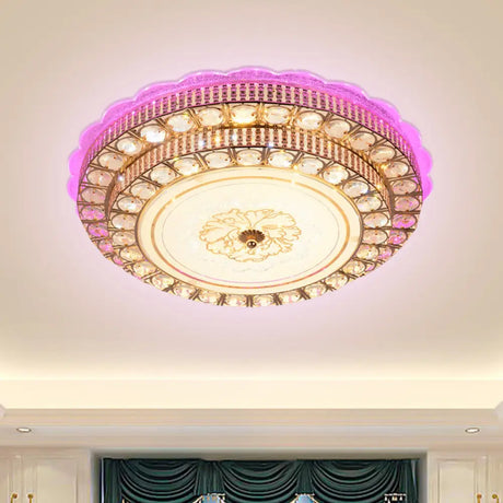 Modernist Gold Led Flush Mount Ceiling Fixture With Beveled Crystal & Flower Pattern