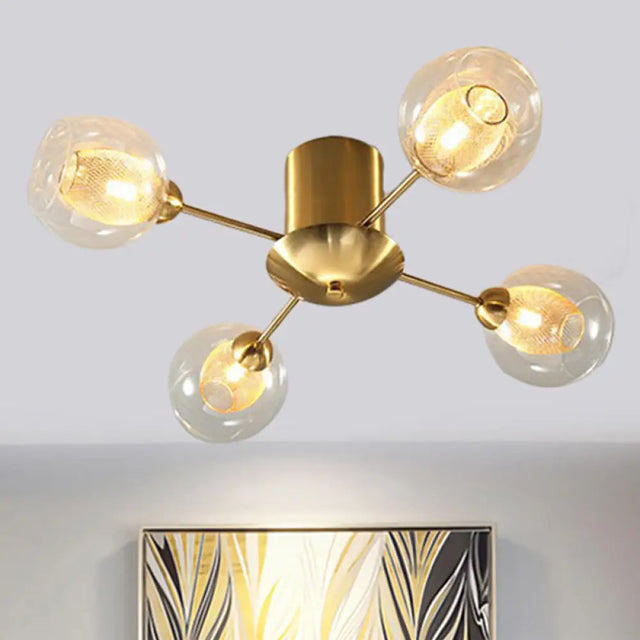 Modernist Gold Led Semi Flush Mount Ceiling Lamp With Clear Ribbed Glass Shade - 4/6 Lights 4 /