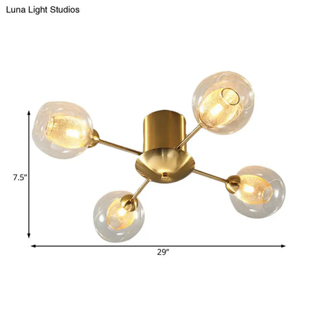 Modernist Gold Led Semi Flush Mount Ceiling Lamp With Clear Ribbed Glass Shade - 4/6 Lights