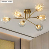 Modernist Gold Led Semi Flush Mount Ceiling Lamp With Clear Ribbed Glass Shade - 4/6 Lights