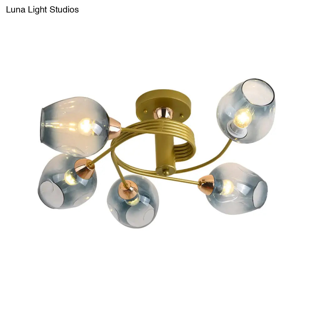 Modernist Gold Twisted Arm Flush Mount Lamp With Blue Dimpled Glass Shade - Set Of 5