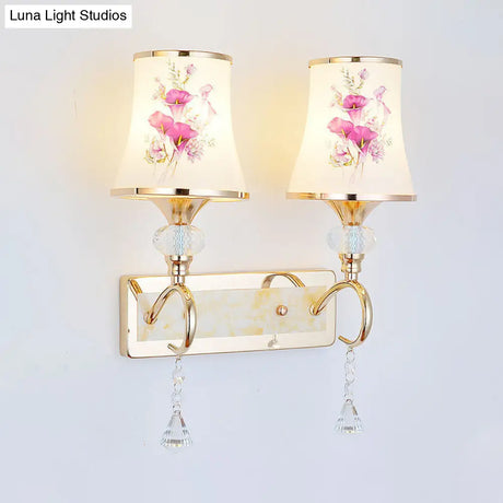 Modernist Gold Wall Mount Lamp With Arced Painted Glass Shade For Bedroom Lighting