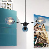 Modernist Hanging Chandelier - Black/Chrome Sputnik Suspension Pendant With Blue/Amber Glass Shade