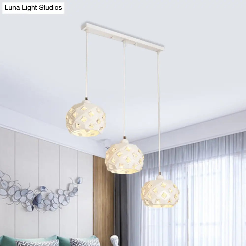 Modernist Iron Drum Down Lighting Pendant Lamp With Crystal Accents - 3 Lights White Finish