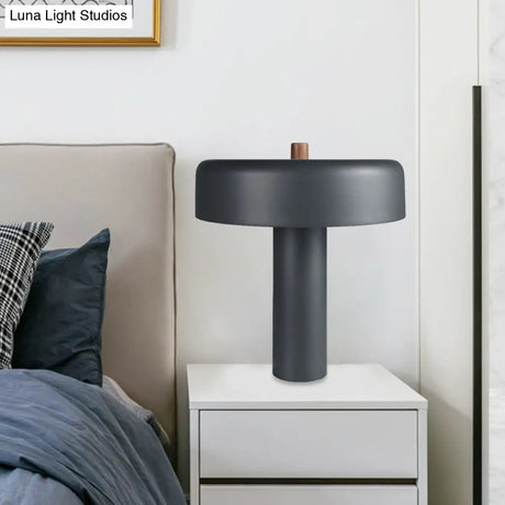 Modernist Led Grey Metal Drum Nightstand Light With Plug-In Cord For Bedroom