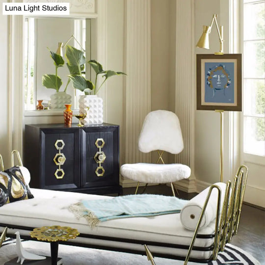 Modernist Metal Floor Lamp With Picture Clip - Brass Hourglass Stand Up Light 1 Bulb