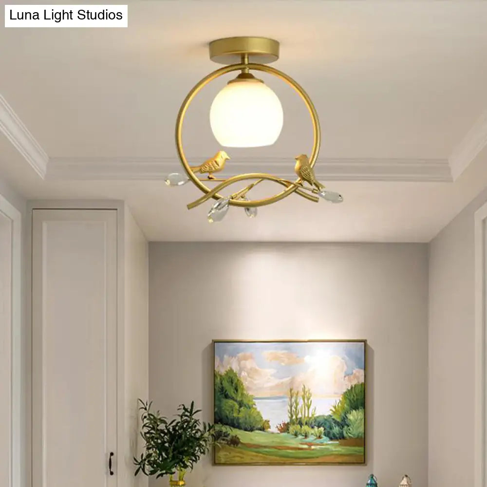 Modernist Metal Ring Semi - Flush Mount Black/Gold Flush Lighting With Bird And Crystal Deco