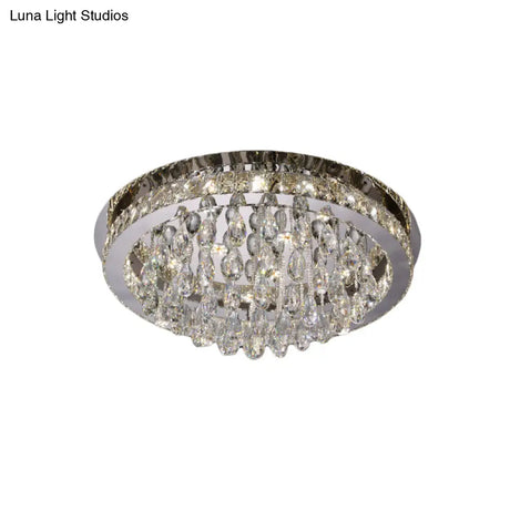 Modernist Nickel Led Ceiling Flush Light With Crystal-Encrusted Beveled Cut Circles And Drops