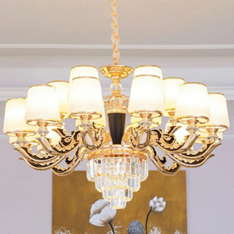 Modernist Opal Glass Gold Cone Chandelier With Crystal Accents - Stylish Pendulum Light 18 / White