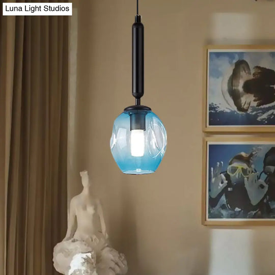Modernist Pendant Lamp Fixture - Tulip Bedside Hanging Lighting In Blue/Smoke Gray Dimpled Glass